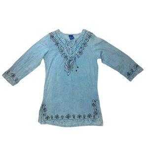 Shoe Shock Denim Beaded Embroidered Detail Tunic Top 3/4 Sleeve VNeckline Size S